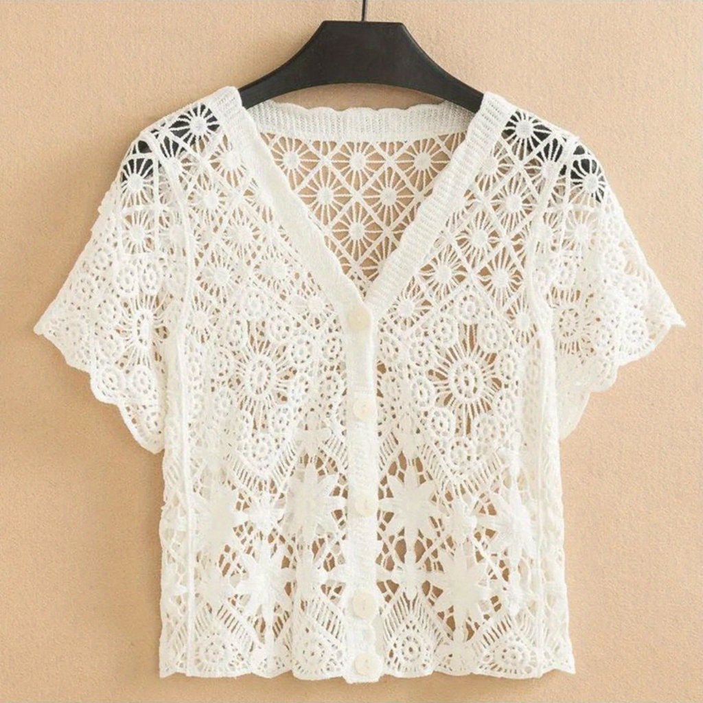 Unbranded Crocheted Knit Apricot Button Down Short Sleeve Cardigan Sz S/M New